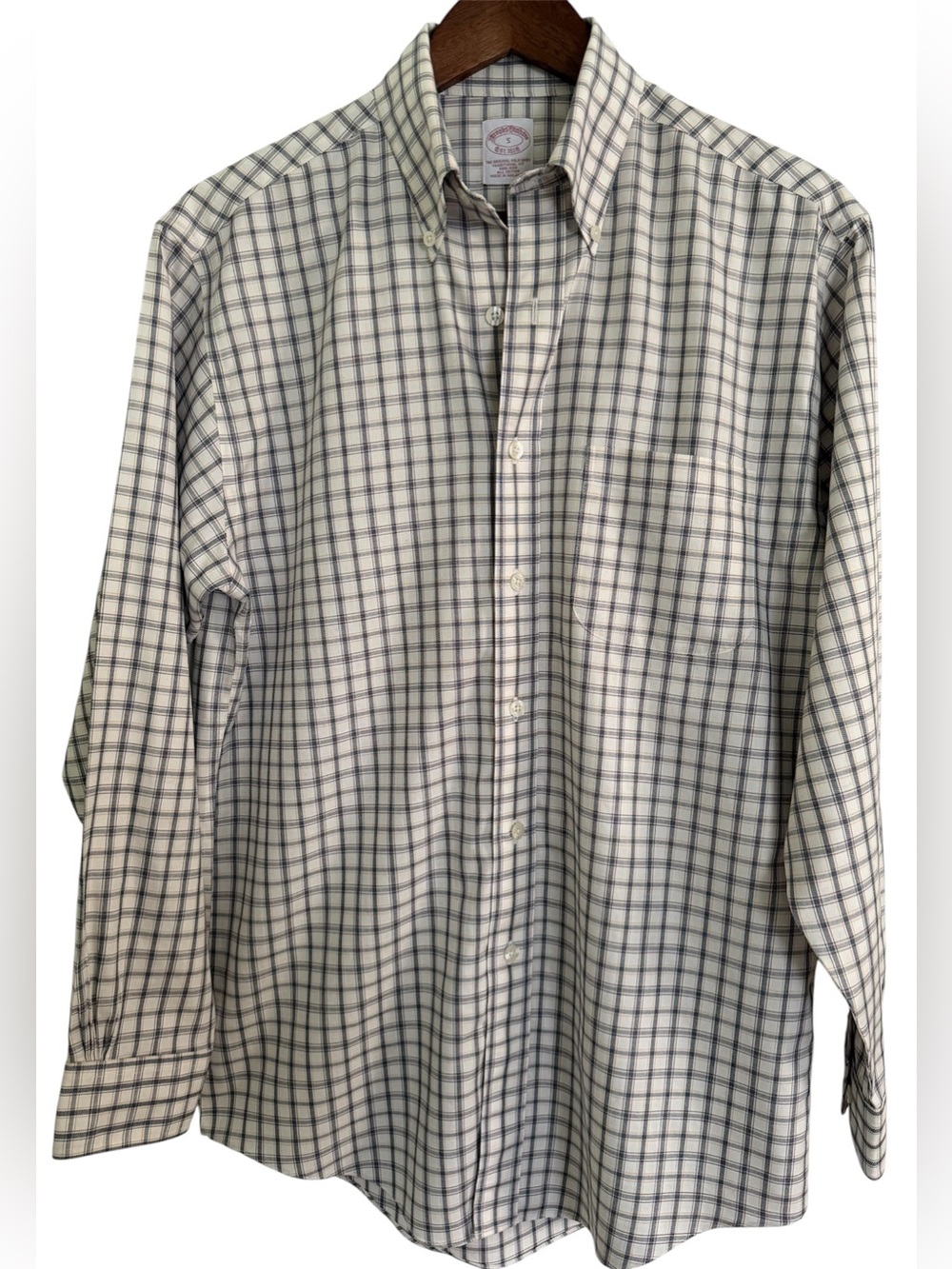 Brooks Brothers White Cotton Button Down with Navy & Gray Windowpane Plaid
